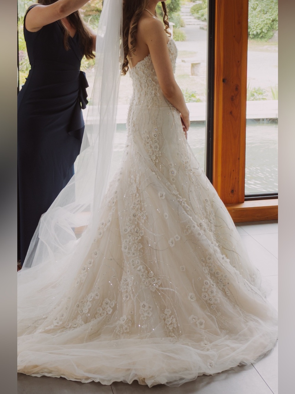 Ivory Floral Beaded Strapless A-Line Wedding Dress